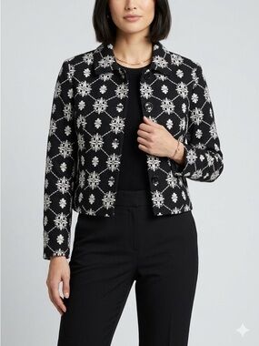 INC Vintage PXS Petite Black White Floral Embroidered Cropped Cotton Blazer